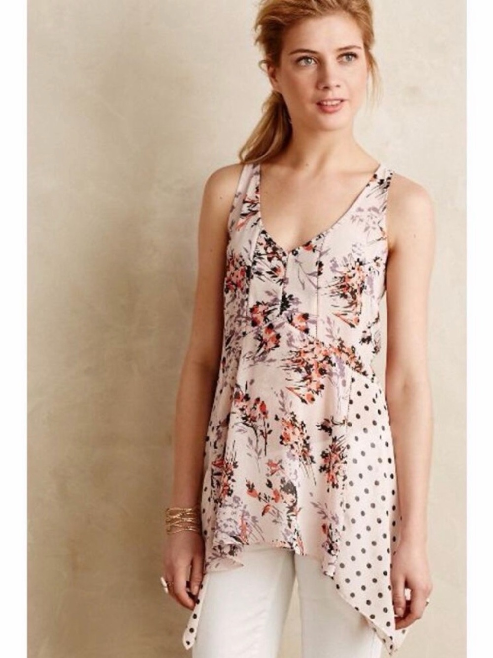 Anthropologie Floral Pop Polka Dot Handkerchief Hem Tank Top Vanessa Virginia S